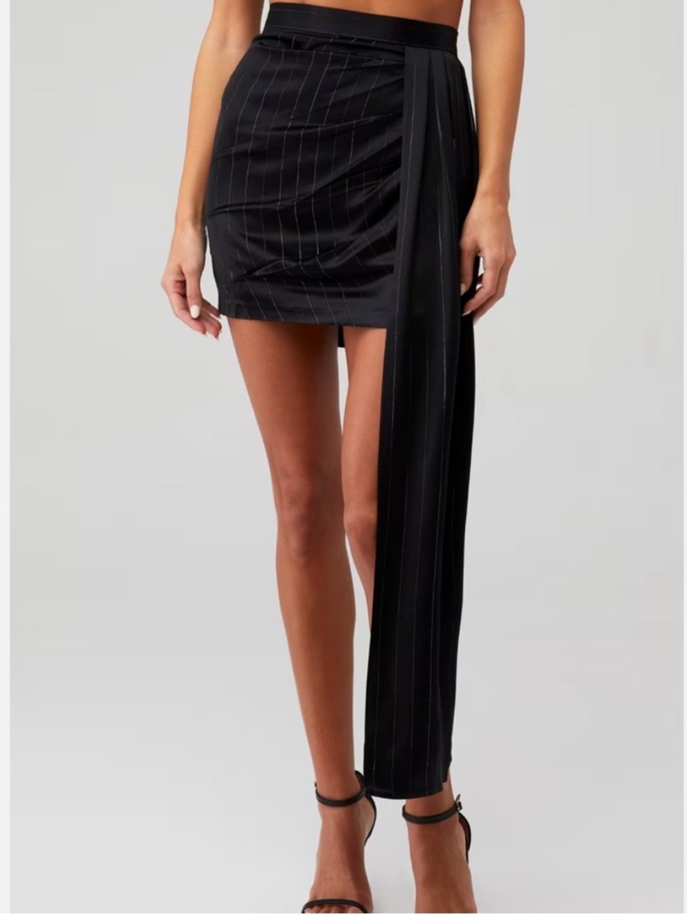 NWT NONCHALANT Label Viola Black/Silver Stripe Mini Skirt with Draped Panel